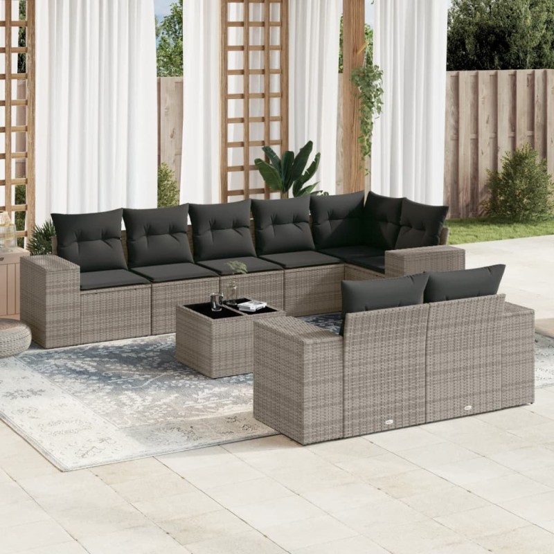 vidaXL Set de muebles de jardín 9 pzas y cojines ratán sintético gris vidaXL Set de muebles de jardín 9 pzas y cojines ratán sintético gris