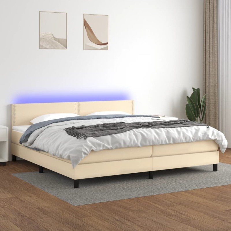vidaXL Cama box spring colchón y luces LED tela crema 200x200 cm vidaXL Cama box spring colchón y luces LED tela crema 200x200 cm
