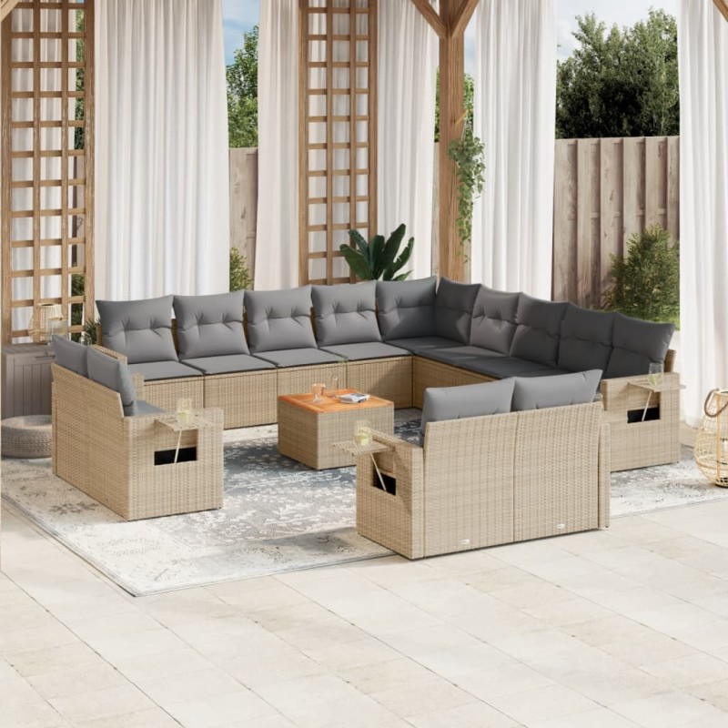 vidaXL Set sofás de jardín 14 pzas con cojines ratán sintético beige vidaXL Set sofás de jardín 14 pzas con cojines ratán sintético beige