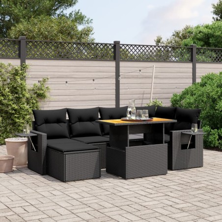 vidaXL Set de comedor de jardín 7 pzas y cojines ratán sintético negro