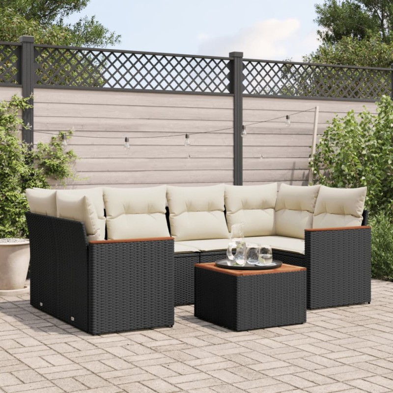 vidaXL Set de comedor de jardín 7 pzas y cojines ratán sintético negro