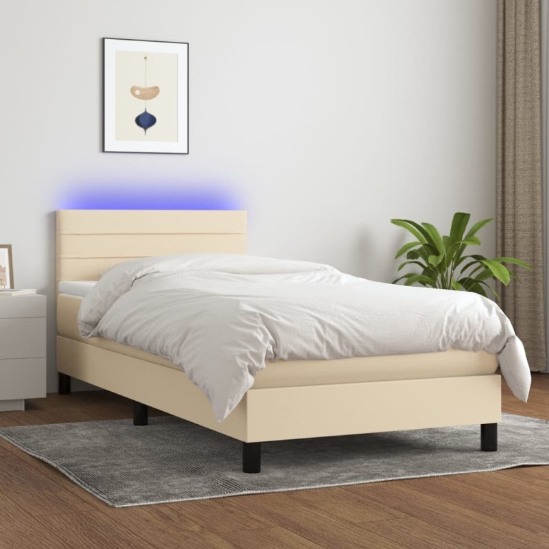 vidaXL Cama box spring colchón y luces LED tela color crema 90x190 cm