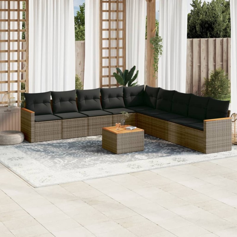 vidaXL Set de sofás de jardín 10 pzas con cojines ratán sintético gris vidaXL Set de sofás de jardín 10 pzas con cojines ratán sintético gris