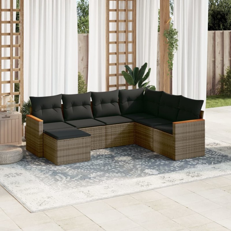vidaXL Set de sofás de jardín 7 piezas con cojines ratán PE gris vidaXL Set de sofás de jardín 7 piezas con cojines ratán PE gris