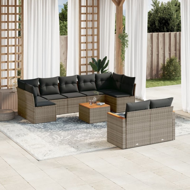 vidaXL Set de sofás de jardín 10 pzas con cojines ratán sintético gris vidaXL Set de sofás de jardín 10 pzas con cojines ratán sintético gris