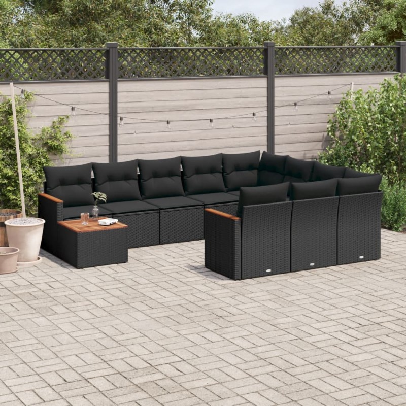 vidaXL Set de sofás de jardín 11 pzas y cojines ratán sintético negro