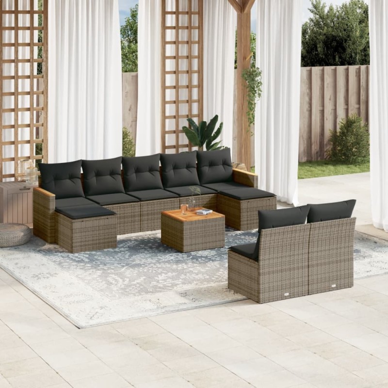 vidaXL Set de sofás de jardín 10 pzas con cojines ratán sintético gris vidaXL Set de sofás de jardín 10 pzas con cojines ratán sintético gris