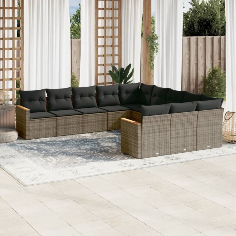 vidaXL Set de sofás de jardín 11 pzas y cojines ratán sintético gris vidaXL Set de sofás de jardín 11 pzas y cojines ratán sintético gris