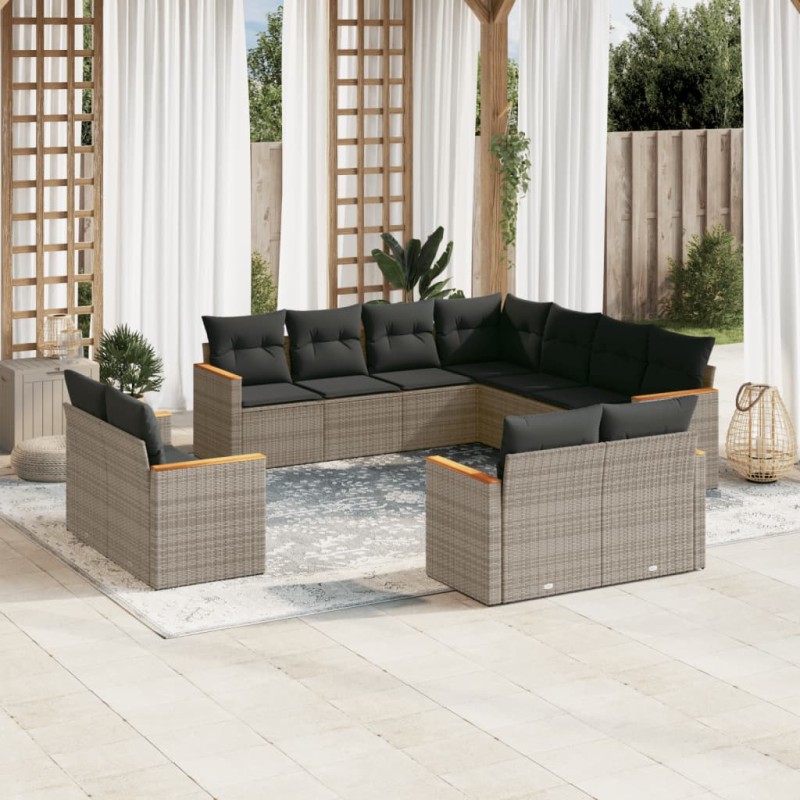 vidaXL Set de sofás de jardín 11 pzas y cojines ratán sintético gris