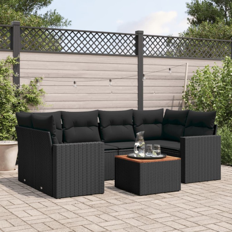 vidaXL Set de comedor de jardín 7 pzas y cojines ratán sintético negro vidaXL Set de comedor de jardín 7 pzas y cojines ratán sintético negro