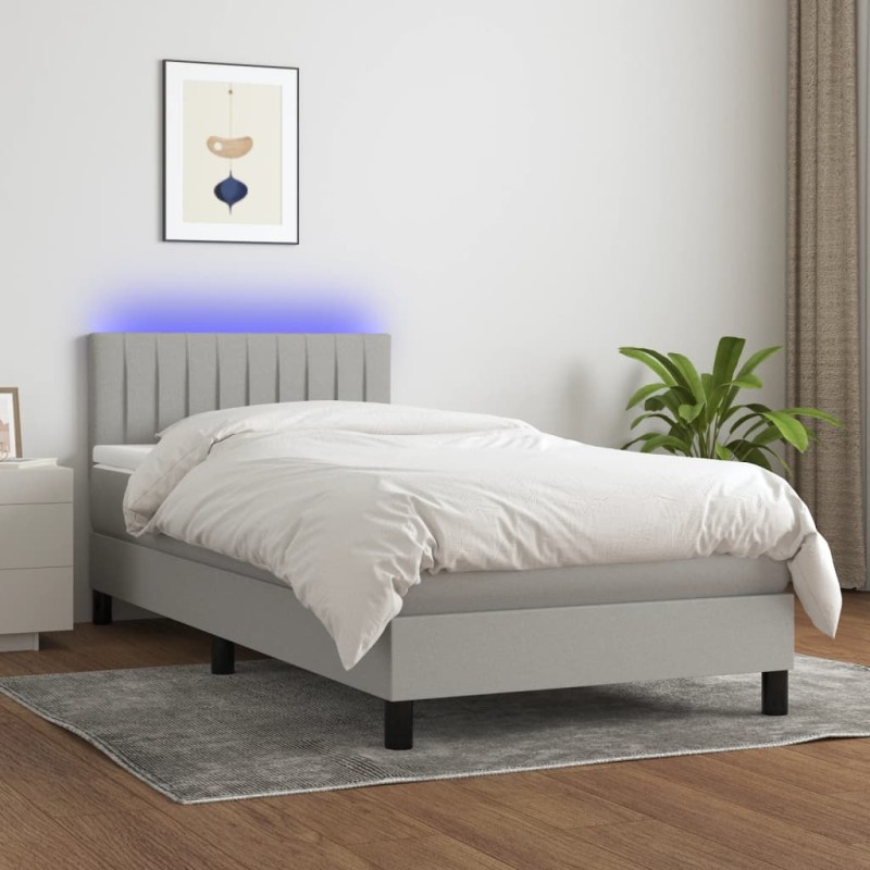 vidaXL Cama box spring colchón y luces LED tela gris claro 90x190 cm vidaXL Cama box spring colchón y luces LED tela gris claro 90x190 cm
