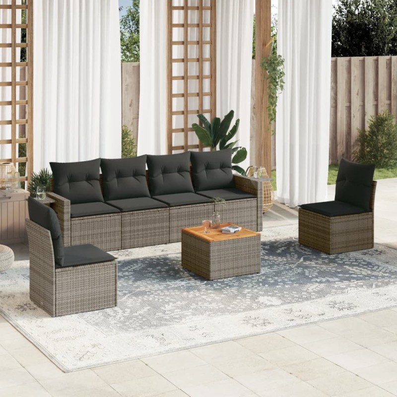 vidaXL Set de sofás de jardín 7 piezas con cojines ratán PE gris vidaXL Set de sofás de jardín 7 piezas con cojines ratán PE gris