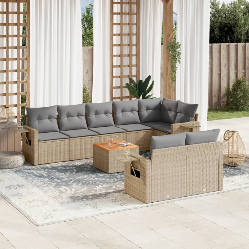 vidaXL Juego de sofás jardín con cojines beige mezcla 9 pzas ratán PE vidaXL Juego de sofás jardín con cojines beige mezcla 9 pzas ratán PE