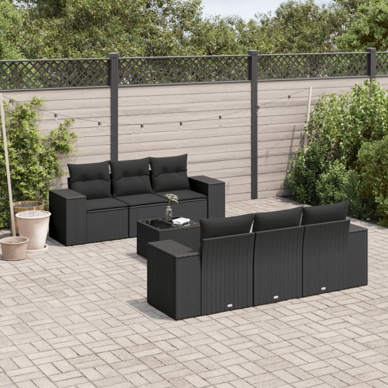 vidaXL Set de comedor de jardín 7 pzas y cojines ratán sintético negro vidaXL Set de comedor de jardín 7 pzas y cojines ratán sintético negro