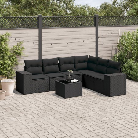 vidaXL Set de comedor de jardín 7 pzas y cojines ratán sintético negro