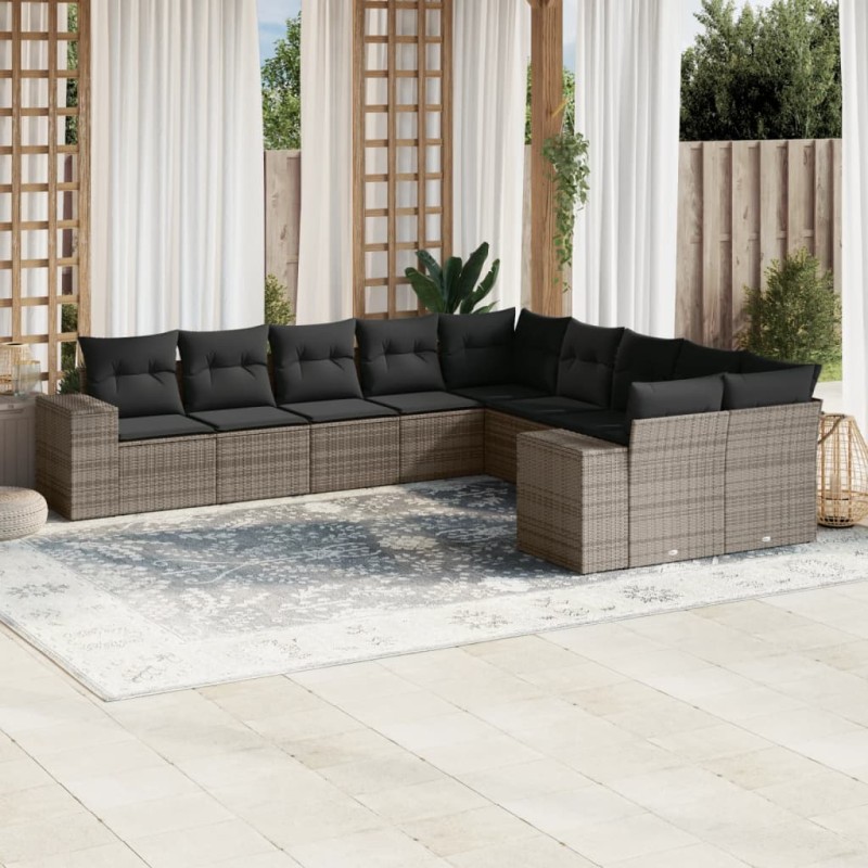 vidaXL Set de sofás de jardín 10 pzas con cojines ratán sintético gris vidaXL Set de sofás de jardín 10 pzas con cojines ratán sintético gris