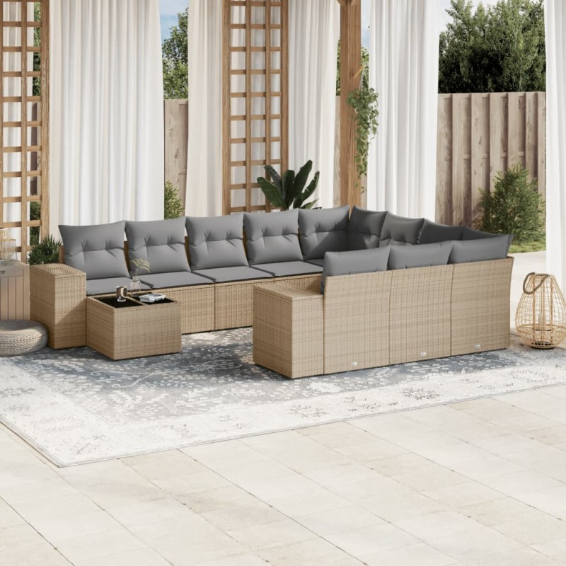 vidaXL Set de sofás de jardín 11pzas con cojines ratán sintético beige vidaXL Set de sofás de jardín 11pzas con cojines ratán sintético beige