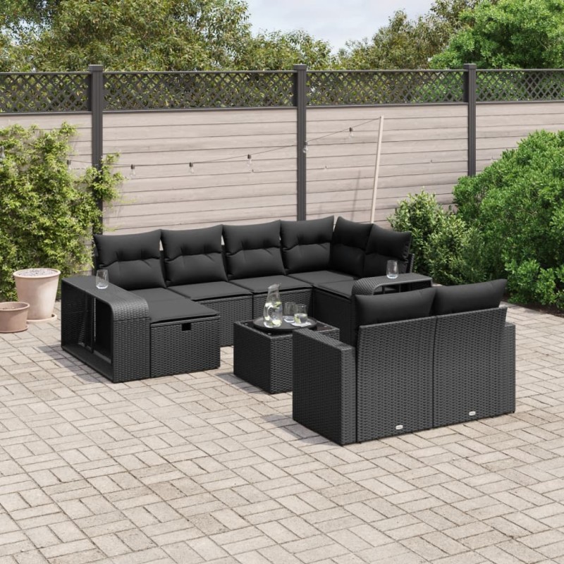 vidaXL Set de sofás de jardín 11 pzas y cojines ratán sintético negro vidaXL Set de sofás de jardín 11 pzas y cojines ratán sintético negro