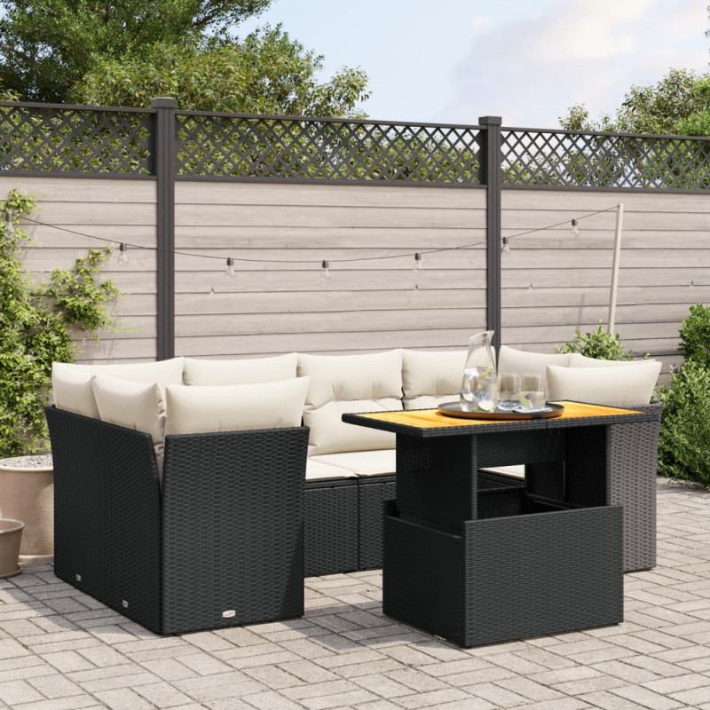 vidaXL Set de comedor de jardín 7 pzas y cojines ratán sintético negro vidaXL Set de comedor de jardín 7 pzas y cojines ratán sintético negro