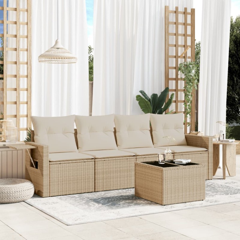 vidaXL Juego de sofás jardín con cojines 5 pzas ratán sintético beige vidaXL Juego de sofás jardín con cojines 5 pzas ratán sintético beige