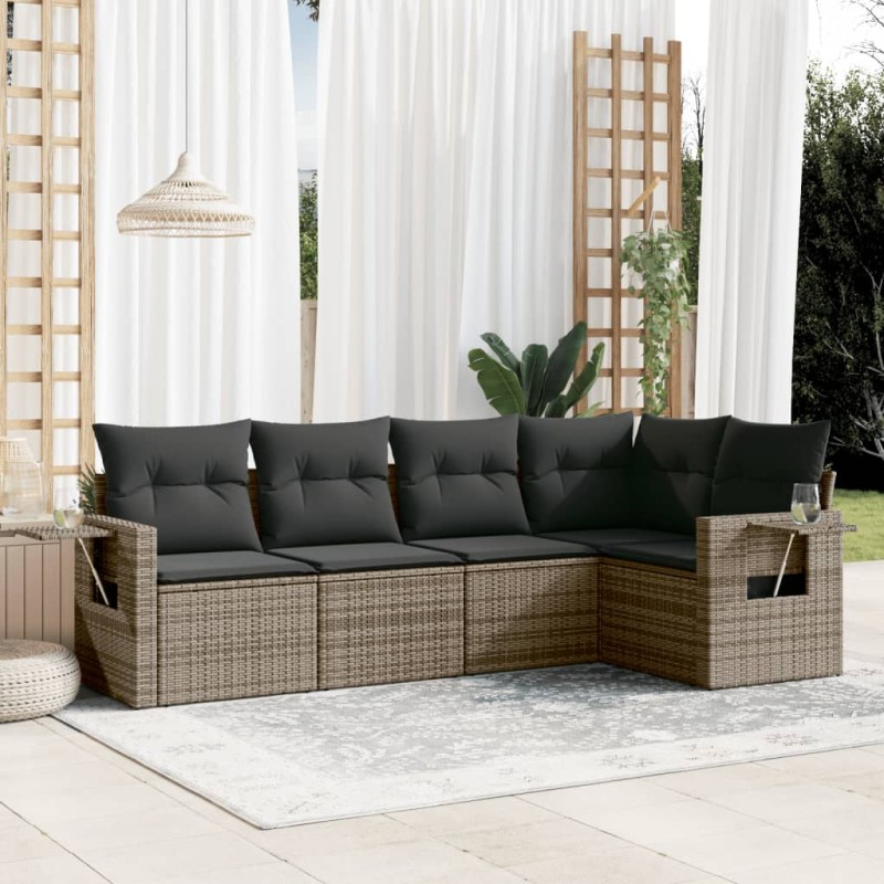 vidaXL Juego de sofás jardín con cojines 5 pzas ratán sintético gris vidaXL Juego de sofás jardín con cojines 5 pzas ratán sintético gris