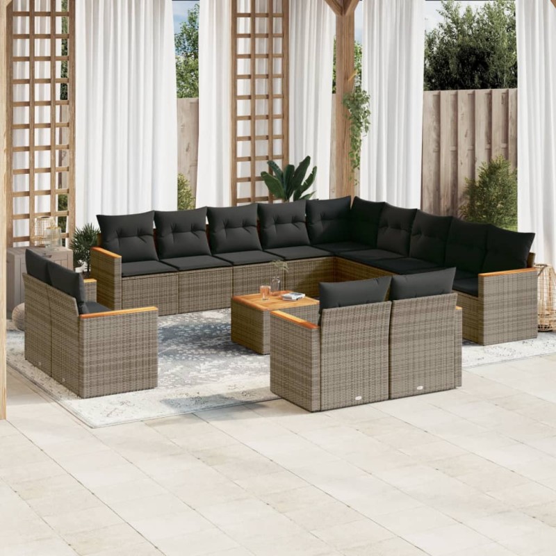 vidaXL Set de sofás de jardín 14 pzas con cojines ratán sintético gris vidaXL Set de sofás de jardín 14 pzas con cojines ratán sintético gris