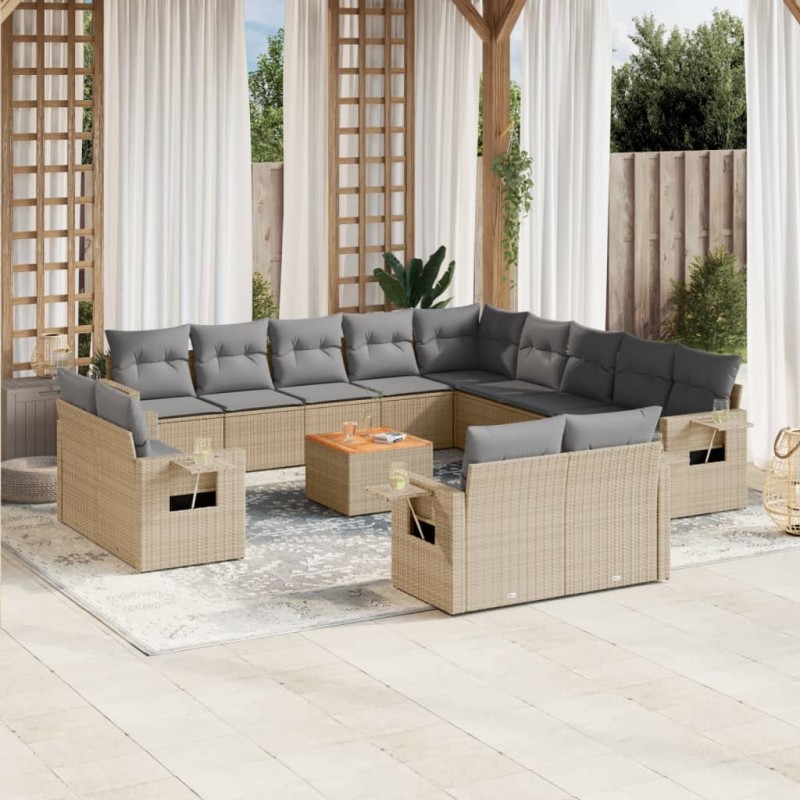 vidaXL Set sofás jardín 14 pzas y cojines ratán sintético beige mezcla vidaXL Set sofás jardín 14 pzas y cojines ratán sintético beige mezcla