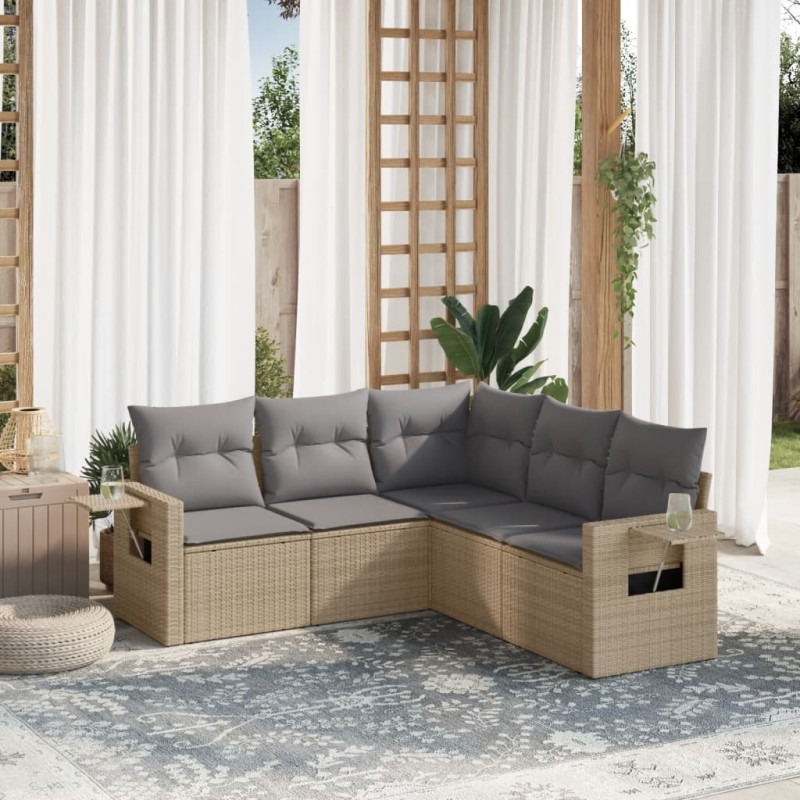 vidaXL Juego de sofás jardín con cojines 5 pzas ratán sintético beige vidaXL Juego de sofás jardín con cojines 5 pzas ratán sintético beige
