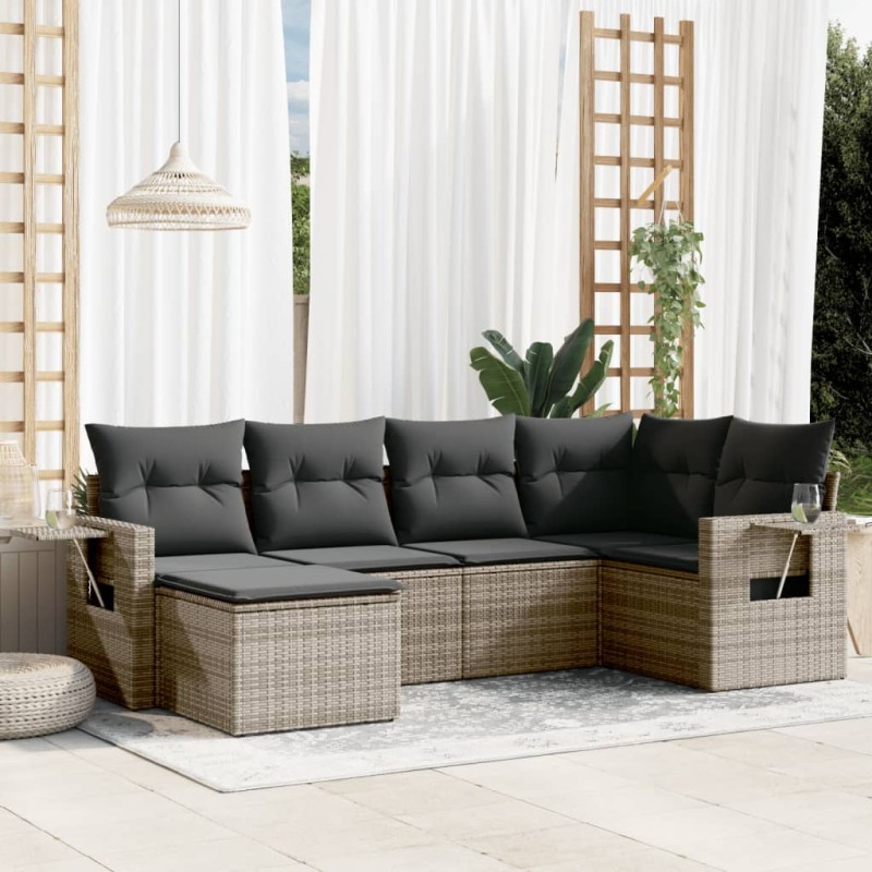 vidaXL Set de muebles de jardín 6 pzas y cojines ratán sintético gris vidaXL Set de muebles de jardín 6 pzas y cojines ratán sintético gris