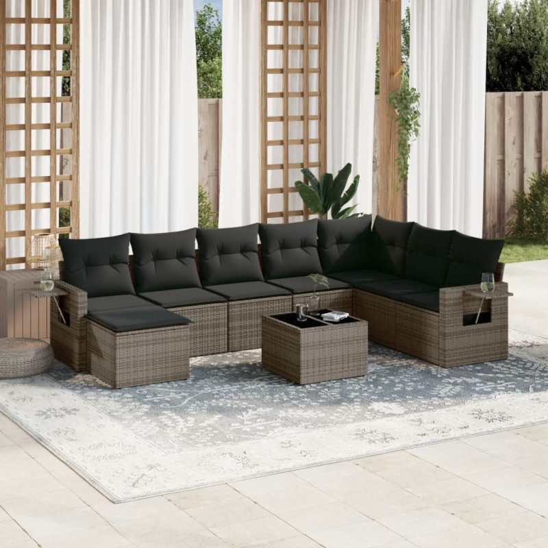 vidaXL Set de muebles de jardín 9 pzas y cojines ratán sintético gris vidaXL Set de muebles de jardín 9 pzas y cojines ratán sintético gris