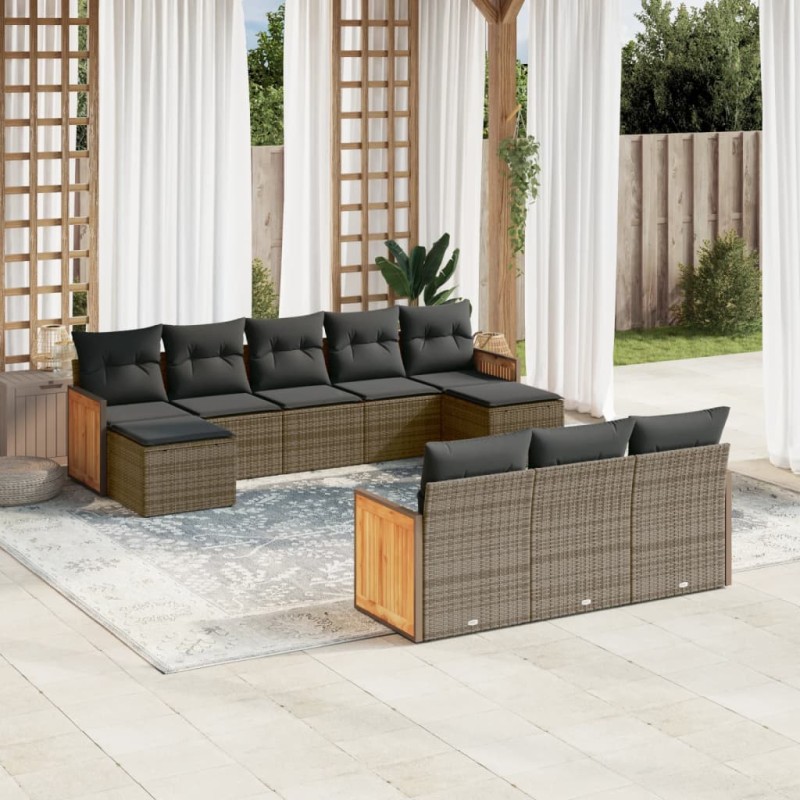 vidaXL Set de sofás de jardín 10 pzas con cojines ratán sintético gris vidaXL Set de sofás de jardín 10 pzas con cojines ratán sintético gris