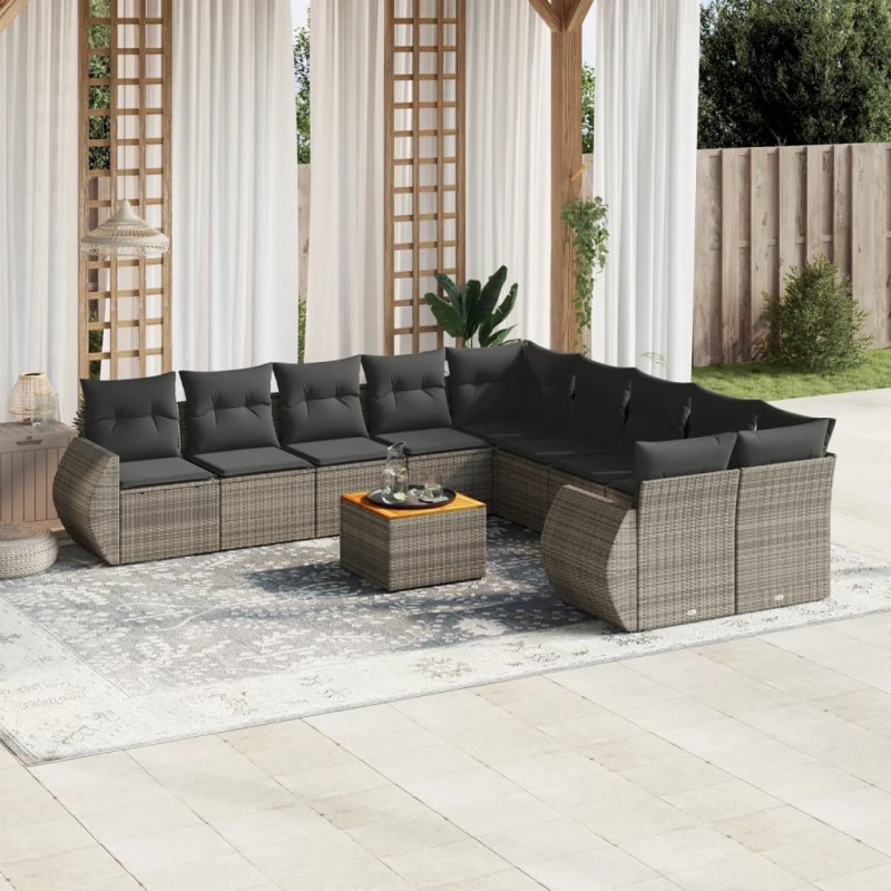 vidaXL Set de sofás de jardín 11 pzas y cojines ratán sintético gris vidaXL Set de sofás de jardín 11 pzas y cojines ratán sintético gris
