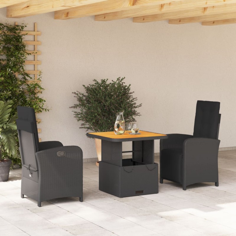 vidaXL Set comedor de jardín 3 pzas con cojines ratán sintético negro