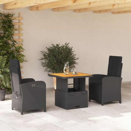 vidaXL Set comedor de jardín 3 pzas con cojines ratán sintético negro
