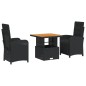 vidaXL Set comedor de jardín 3 pzas con cojines ratán sintético negro