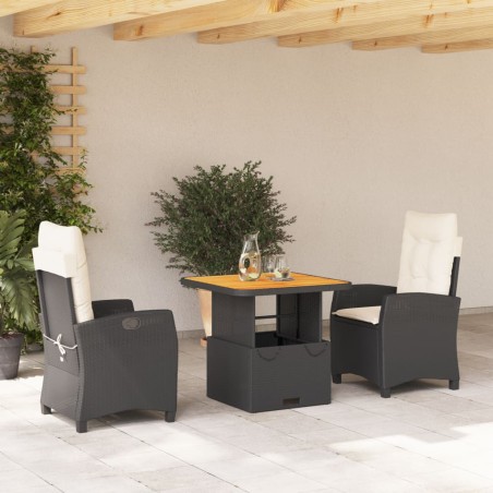 vidaXL Set comedor de jardín 3 pzas con cojines ratán sintético negro