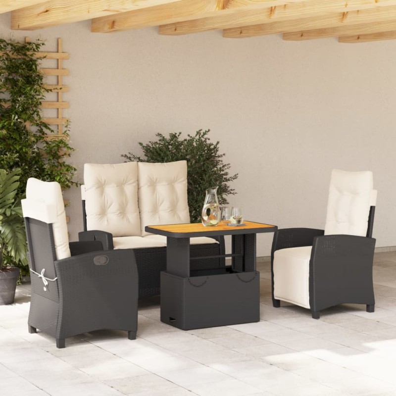 vidaXL Juego comedor jardín 4 piezas con cojines ratán sintético negro