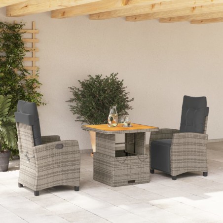 vidaXL Set comedor de jardín 3 piezas con cojines ratán sintético gris