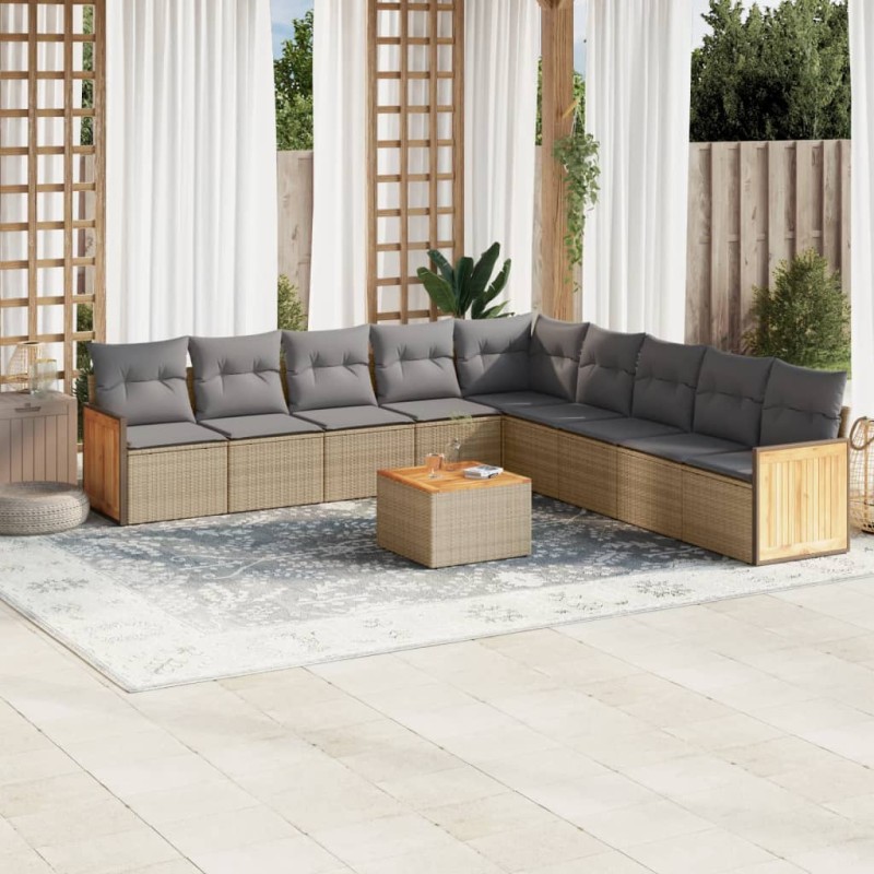vidaXL Juego de sofás jardín con cojines beige 10 pzas ratán sintético