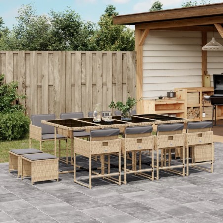 vidaXL Set comedor de jardín con cojines 13 pzas ratán sintético beige