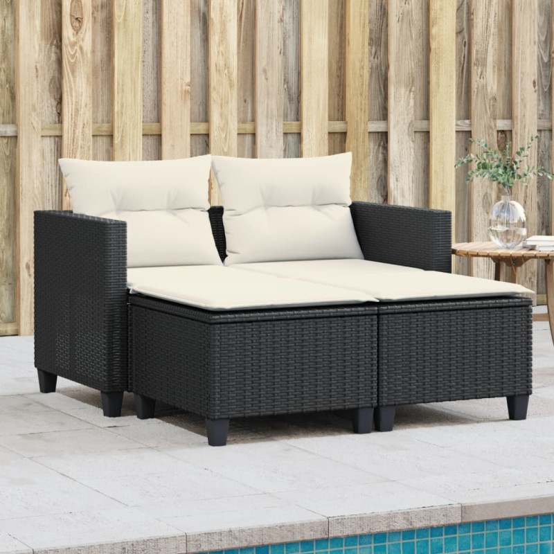 vidaXL Sofá de jardín 2 plazas con toldo y taburetes ratán PE negro vidaXL Sofá de jardín 2 plazas con toldo y taburetes ratán PE negro