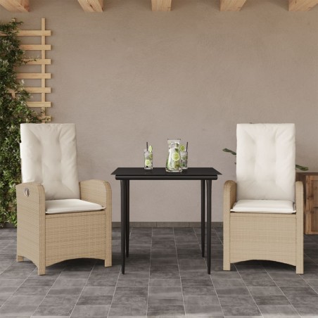 vidaXL Set comedor de jardín 3 pzas con cojines ratán sintético beige