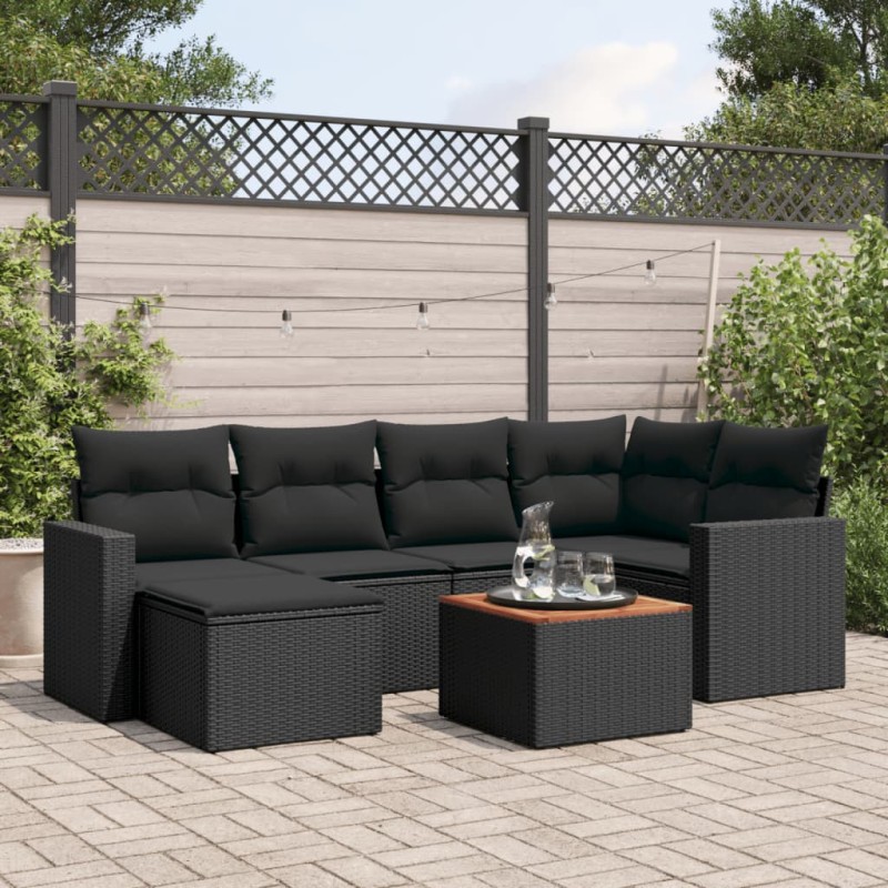 vidaXL Set de comedor de jardín 7 pzas y cojines ratán sintético negro vidaXL Set de comedor de jardín 7 pzas y cojines ratán sintético negro