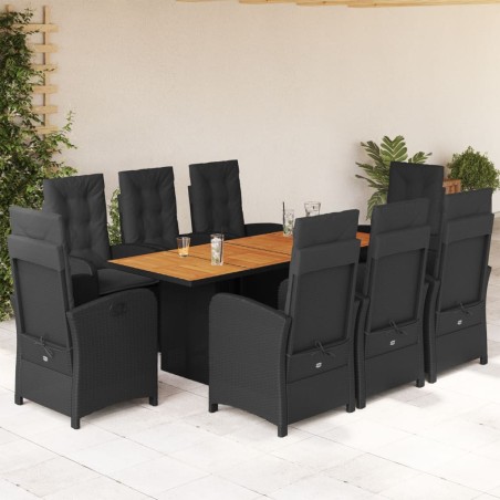 vidaXL Set de comedor de jardín 9 pzas y cojines ratán sintético negro