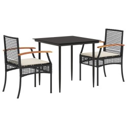 vidaXL Set comedor de jardín 3 pzas con cojines ratán sintético negro