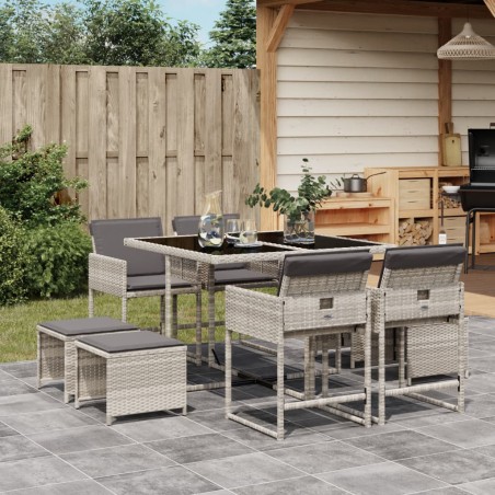vidaXL Set comedor de jardín 9 pzas cojines ratán sintético gris claro