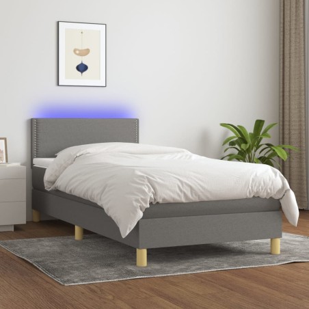 vidaXL Cama box spring con colchón y LED tela gris oscuro 100x200 cm