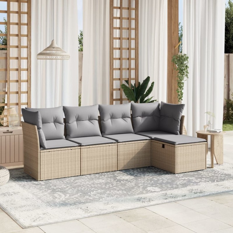 vidaXL Juego de sofás jardín con cojines beige mezcla 5 pzas ratán PE vidaXL Juego de sofás jardín con cojines beige mezcla 5 pzas ratán PE