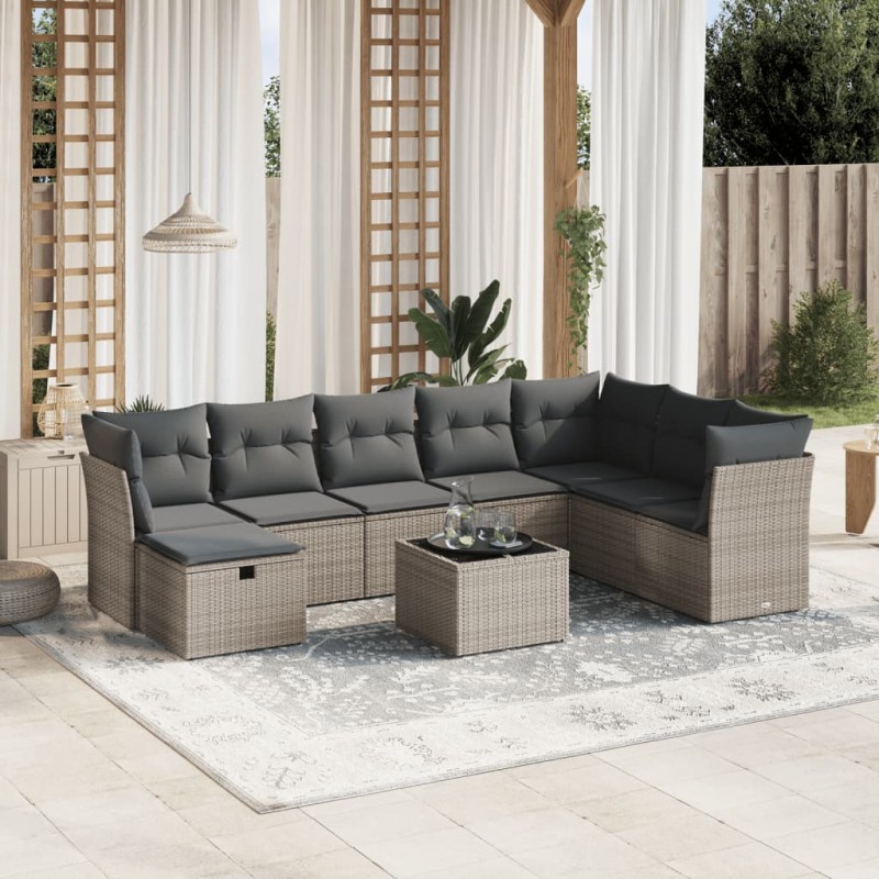 vidaXL Set de muebles de jardín 9 pzas y cojines ratán sintético gris
