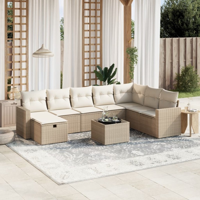 vidaXL Set de sofás de jardín 9 pzas con cojines ratán sintético beige vidaXL Set de sofás de jardín 9 pzas con cojines ratán sintético beige